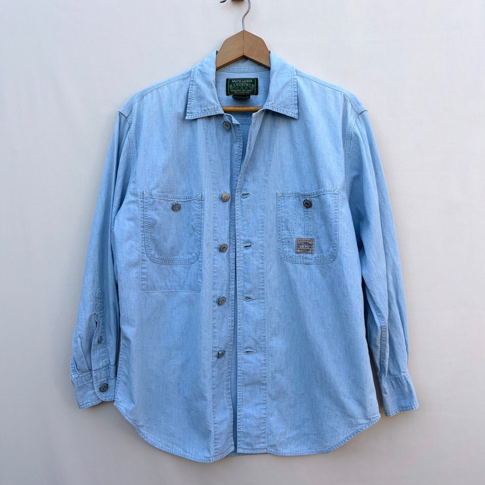 Ralph Lauren Country Mens Vintage S Blue Chambray Work Shirt Cotton Button Up - Picture 5 of 8